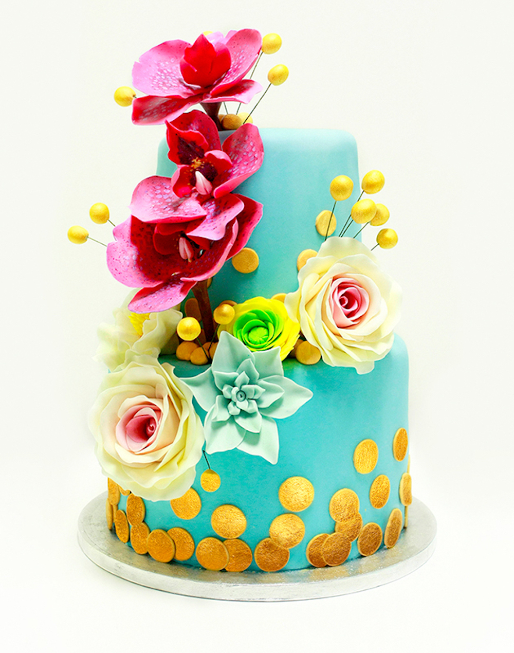 Свадебный торт "Мой один день" в цвете Тиффани с декором из сахарных орхидей и конфетти покрытых пищевым золотом