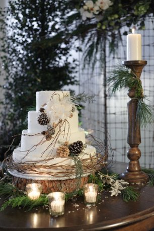 Свадебный торт, украшенный еловыми веточками и шишками